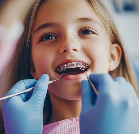 Young girl having her teeth and braces checked regularly